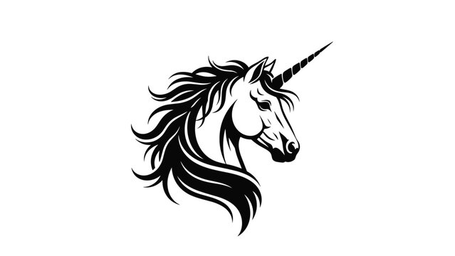 Elegant black and white silhouette of a unicorn head with a long horn and flowing mane against a white background.