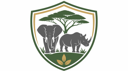 Wildlife shield emblem with elephant rhino and savanna tree. © enla99