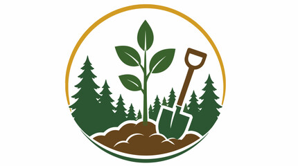 Forest trees and seedling with shovel in circular frame. © enla99