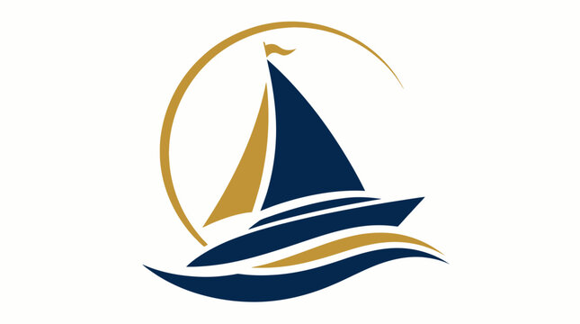 Elegant sailboat emblem on gold and blue waves.