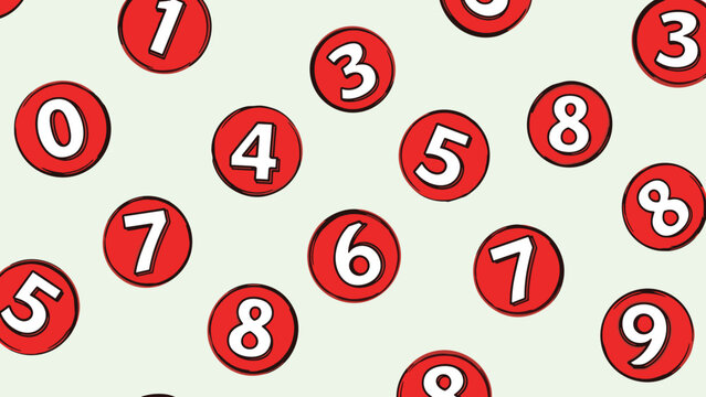 Background pattern of randomly placed red circles containing white numbers from zero to nine in a playful style.