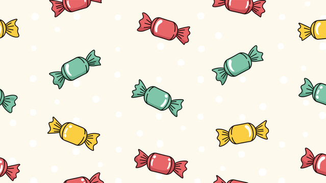 Colorful candy seamless pattern featuring sweet treats in red yellow and green wrappers on a light cream background with subtle white polka dots.