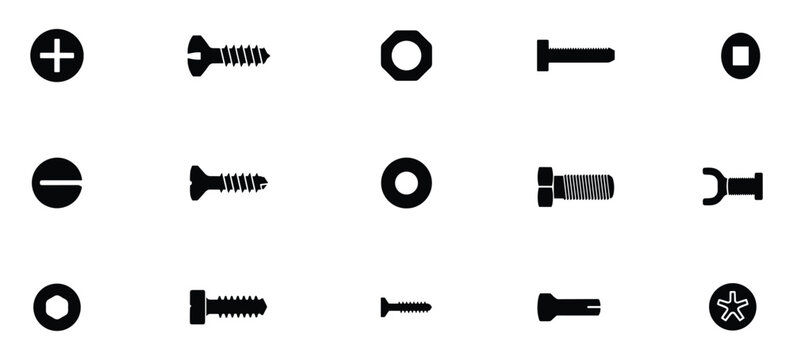 Collection of black silhouette icons representing various types of screws bolts nuts and washers on a white background