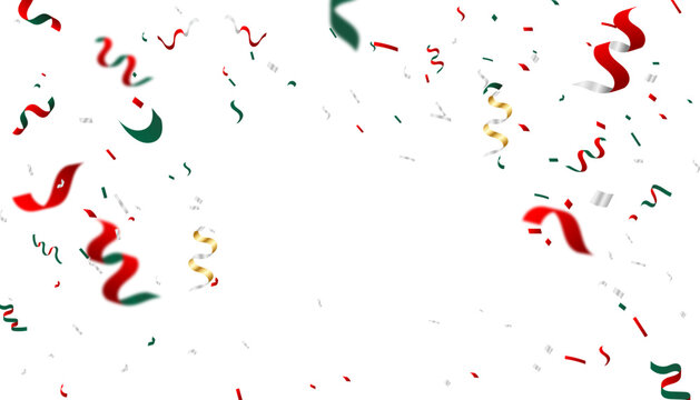 Festive celebration background with falling red, green, and gold confetti isolated on white background
