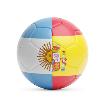 Soccer ball with the colors of the Spanish an argentine flag. 3d illustration.