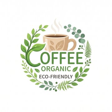 Organic eco friendly coffee logo design with a steaming cup surrounded by green leaves and plant vines