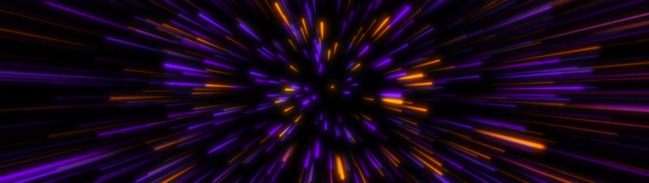 Wide panoramic space speed simulation with glowing purple and orange lines exploding forward, long banner science fiction starfield background.