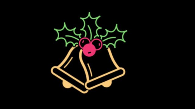 Christmas jingle bells with holly berries neon video animation on a black background for holiday season project