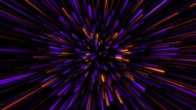 Neon purple and orange light beam lines moving fast through a dark space tunnel, sci-fi technology starburst background animation with zoom effect.