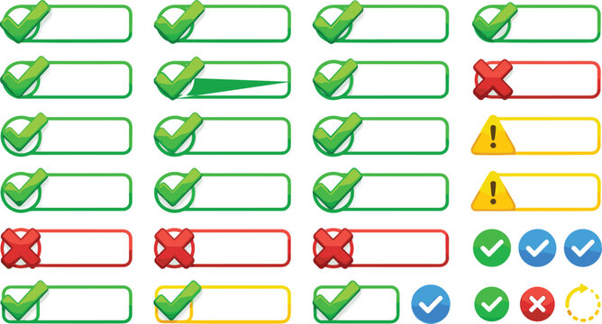 Green Checkmark Red Cross and Yellow Warning Icon Button Set for User Interface Mobile Apps and Website Designs