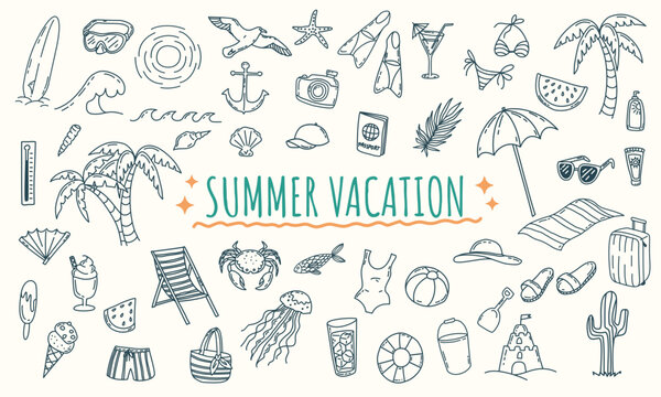 Summer vacation doodles, hand drawn beach elements vector, travel holiday line art set, tropical sea icons, holiday clipart designs.