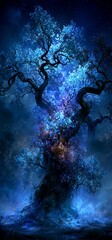 Obraz premium Fantasy magic tree glowing under dark starry night. Magic tree glowing luminous blue light in a mystical dark fantasy night landscape