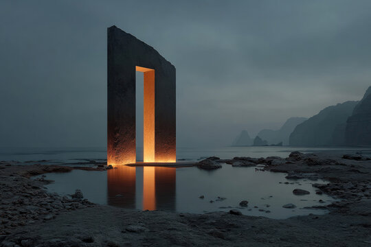Minimalist glowing doorway in water, surreal threshold concept