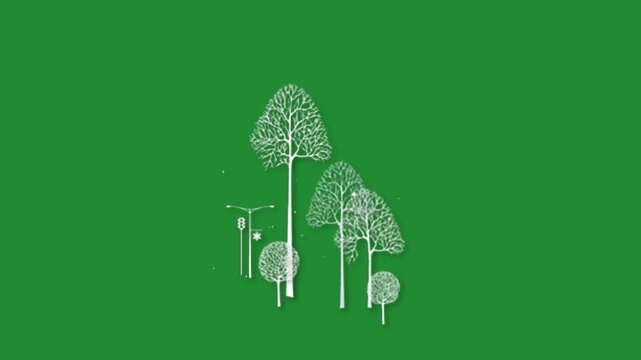 Winter trees line art animation with snowfall on a green screen background for holiday and Christmas season display