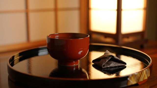 Japanese tea ceremony tranquility:  A still life of a lacquered bowl and origami on a reflective tray with soft light.