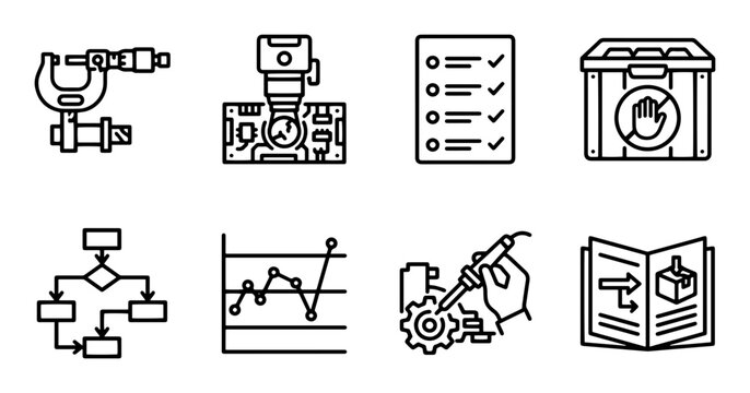 Industrial Icons Set: Micrometer, Blueprint, Checklist, Safety Box, Flowchart, Graph, Welding, Manual