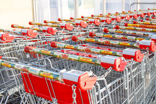 Rows of metal shopping carts with red handles at a Netto supermarket in Germany. Germany. Bavaria. Parsberg. 12.07.2026