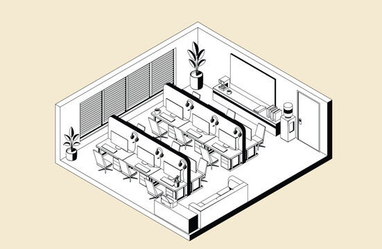 Isometric call center office line art vector illustration with architectural interior outline