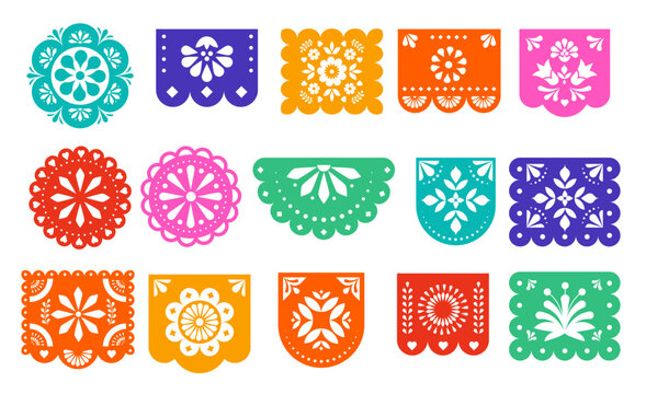 Collection of traditional Mexican colorful papel picado flags. Decorative vector elements set for fiestas, Day of the Dead, Cinco de Mayo and Hispanic Heritage Month