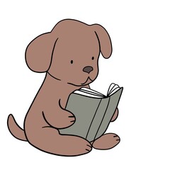 Dog reading the book, cartoon character, doodle illustration, white background 
