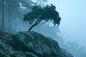 Obraz premium Misty pine ridge landscape with lichen-covered boulder foreground