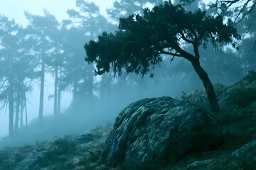 Fototapeta premium Fog-shrouded pine ridge with wind-bent tree at blue hour