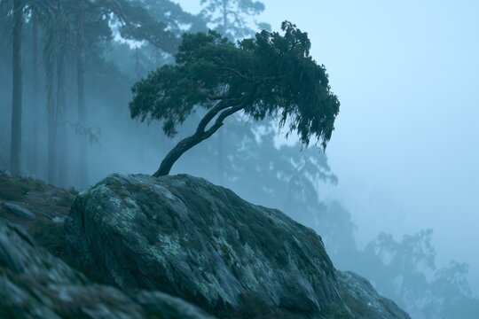 Misty pine ridge landscape with lichen-covered boulder foreground
