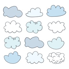 Obraz premium Clouds set, the weather pattern, doodle illustration, white background, isolated, cloudscape 