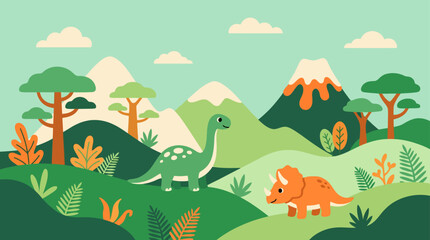 Dinosaur landscape with volcanoes and prehistoric forest trees. © pumpskin