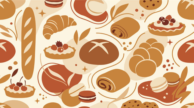 Seamless pattern of various breads and French pastries.