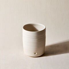 Obraz premium Handmade unglazed stoneware cup on pale linen with soft shadow