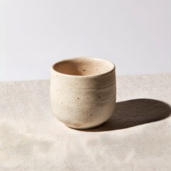 Obraz premium Speckled stoneware cup with dramatic side-light shadow on linen