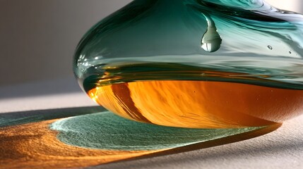 Obraz premium Sculptural hand-blown glass form in teal and amber with reflection