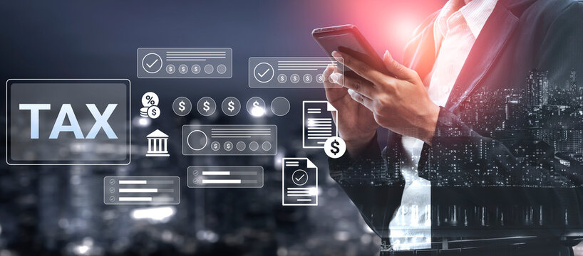 Business professional uses smartphone to manage tax information and analyze financial data in a modern urban setting, showcasing technology and communication in finance. Gantry