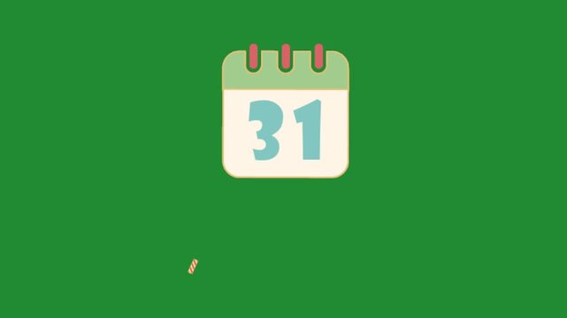 December 31 calendar page falling vector graphic animation on a green screen background for new year celebration