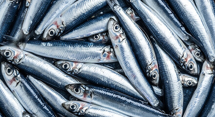 Obraz premium Fresh silver sardine and anchovy fish pile at the seafood market for healthy cooking