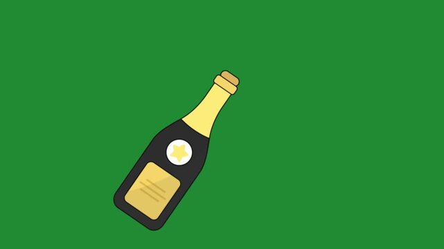 Champagne bottle popping cork with bubbles vector illustration on a green screen background for party celebration