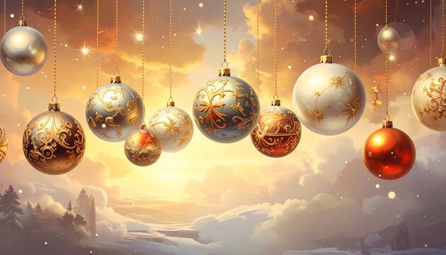Ornamen Natal gantung yang meriah dengan latar belakang langit musim dingin yang bercahaya