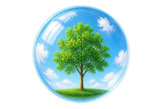 Green tree enclosed in clear protective bubble