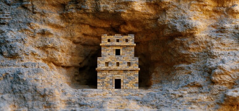 A tiny fortress nestled into a little cave in a rocky cliffside