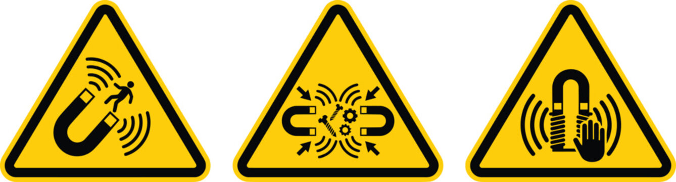 Magnetic Field Danger Warning Signs - Industrial Hazard Area Safety Vector Icons.