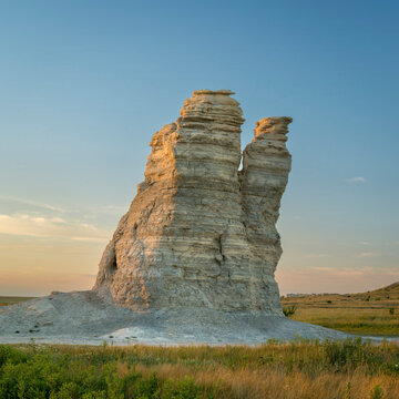 Castle Rock  - limestone pillar landmark in prairie of western Kansas near Quinter  at late October sunrise