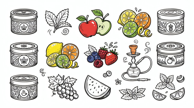 Set of playful hand drawn shisha flavor illustrations. Doodle drawings of tobacco tins, mint leaves, double apple slices, citrus and berry mixes. Clean line art in retro style, isolated on white back