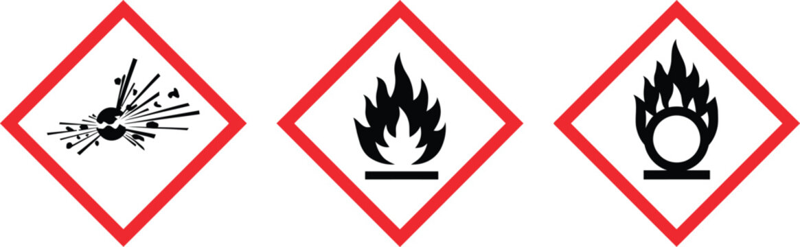 GHS Chemical Hazard Pictograms Set - Toxic, Flammable, Corrosive Safety Vector Icons.