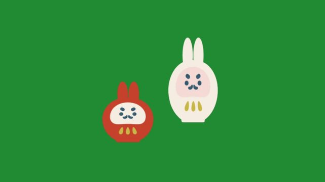 red and white rabbit dar Uma dolls on green background abstract minimal japanese animation graphic design element