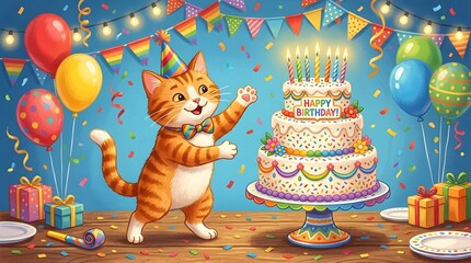 Naklejka premium Festive orange tabby cat celebrating a birthday with a decorated cake