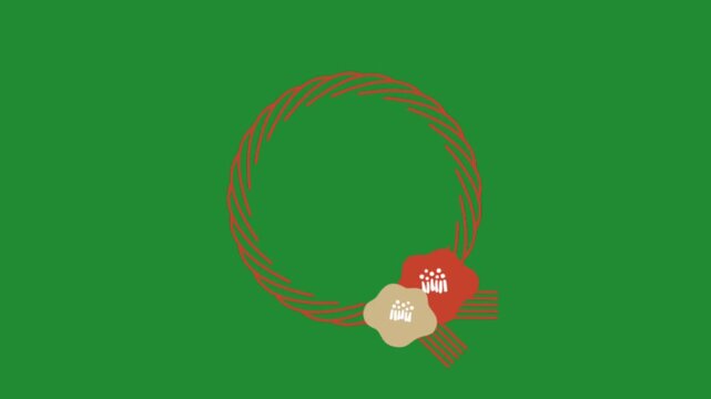 red circular braided wreath with flowers on green background abstract minimal japanese animation graphic design element