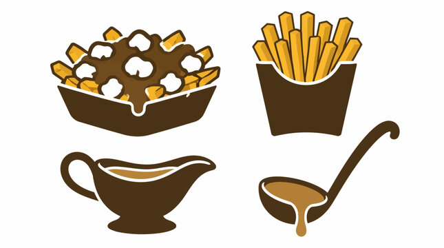 Canadian poutine with fries gravy boat and ladle.