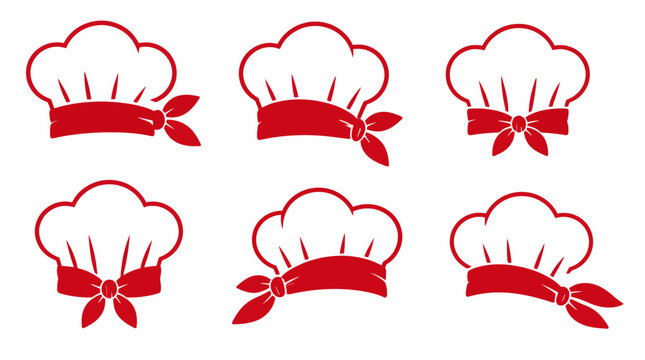 Set of professional chef hats with red ribbon accents.