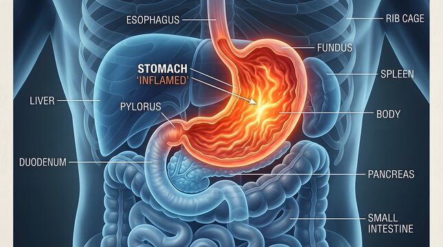 Inflamed stomach anatomy illustration with labeled organs